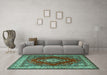 Machine Washable Medallion Turquoise Traditional Area Rugs in a Living Room,, wshtr1883turq