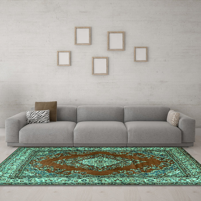 Machine Washable Medallion Turquoise Traditional Area Rugs in a Living Room,, wshtr1883turq