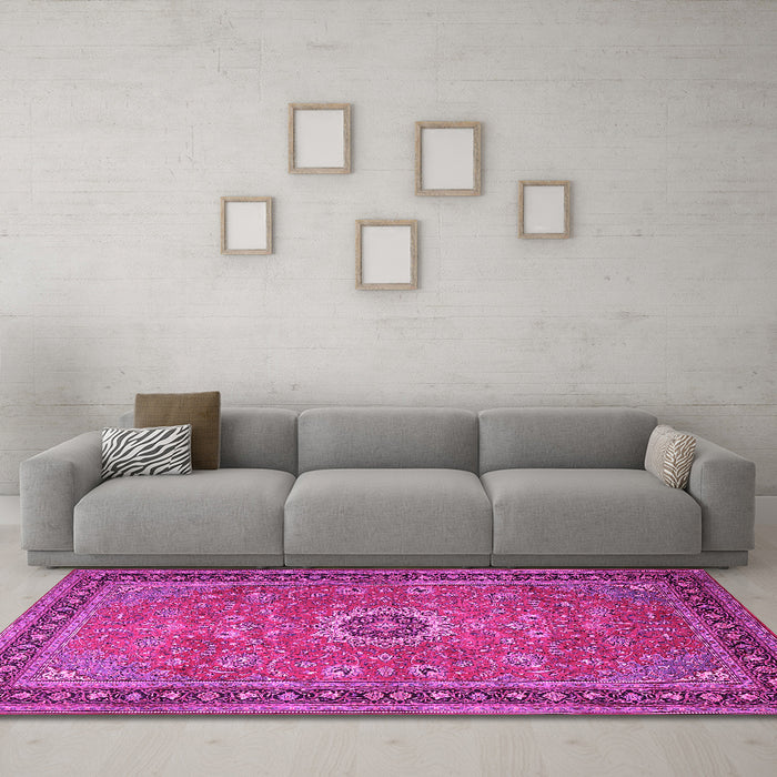 Machine Washable Persian Pink Traditional Rug in a Living Room, wshtr1884pnk