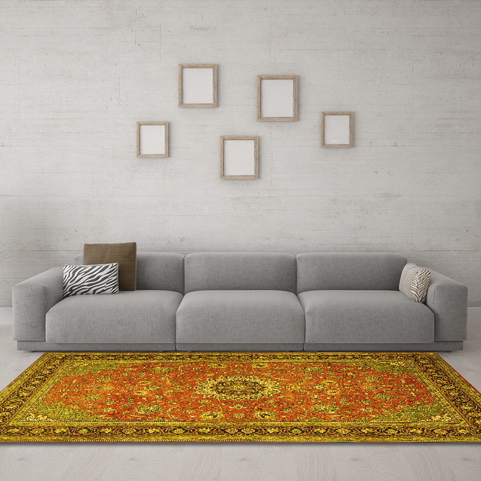 Machine Washable Persian Yellow Traditional Rug in a Living Room, wshtr1884yw
