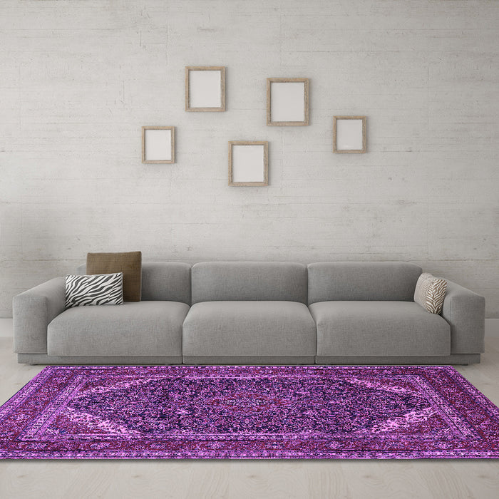 Machine Washable Persian Purple Traditional Area Rugs in a Living Room, wshtr1885pur