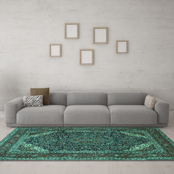 Machine Washable Persian Turquoise Traditional Area Rugs in a Living Room,, wshtr1885turq