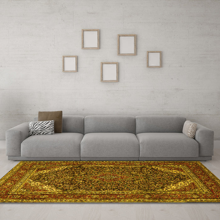 Machine Washable Persian Yellow Traditional Rug in a Living Room, wshtr1885yw