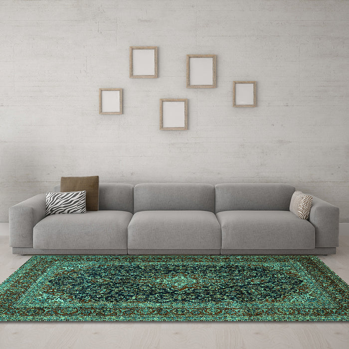 Machine Washable Persian Turquoise Traditional Area Rugs in a Living Room,, wshtr1886turq