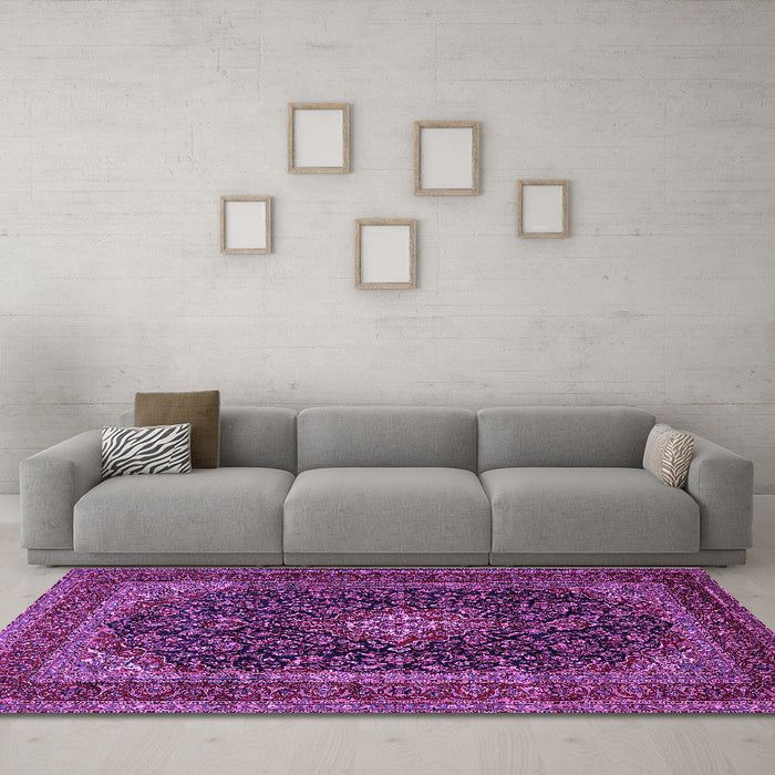 Machine Washable Persian Purple Traditional Area Rugs in a Living Room, wshtr1886pur