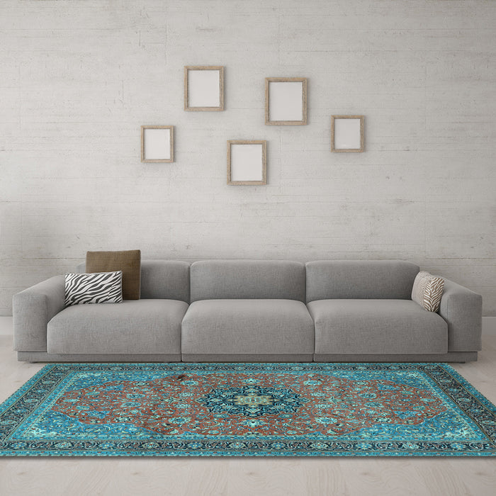 Machine Washable Medallion Light Blue Traditional Rug in a Living Room, wshtr1887lblu