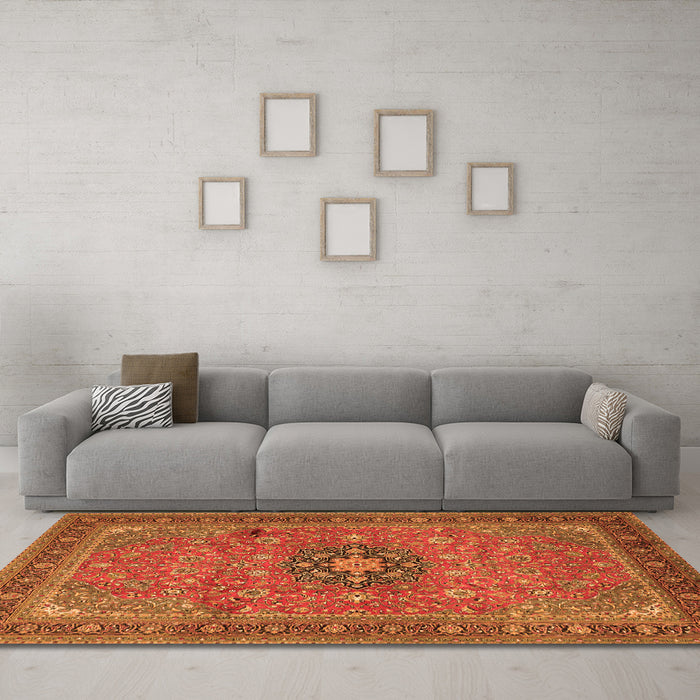 Machine Washable Medallion Orange Traditional Area Rugs in a Living Room, wshtr1887org