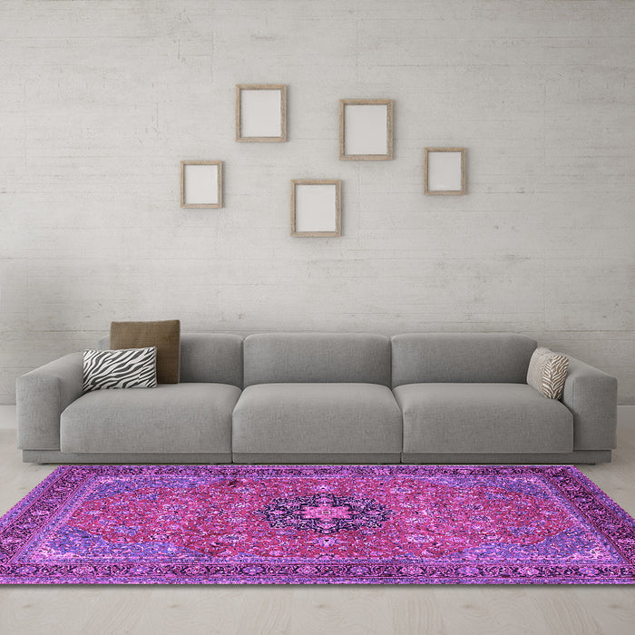 Machine Washable Medallion Purple Traditional Area Rugs in a Living Room, wshtr1887pur