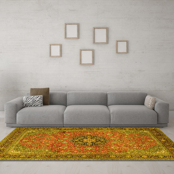 Machine Washable Medallion Yellow Traditional Rug in a Living Room, wshtr1887yw
