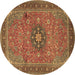 Round Machine Washable Medallion Brown Traditional Rug, wshtr1887brn