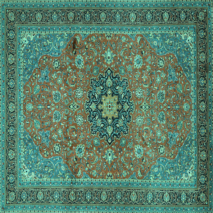 Square Machine Washable Medallion Turquoise Traditional Area Rugs, wshtr1887turq