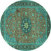 Round Machine Washable Medallion Turquoise Traditional Area Rugs, wshtr1887turq