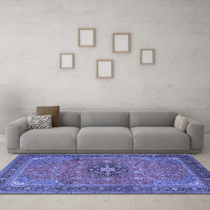 Machine Washable Medallion Blue Traditional Rug in a Living Room, wshtr1887blu