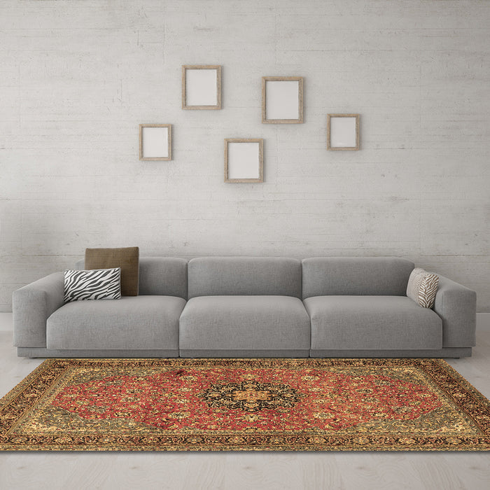 Machine Washable Medallion Brown Traditional Rug in a Living Room,, wshtr1887brn