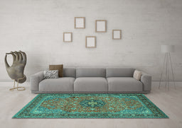 Machine Washable Medallion Turquoise Traditional Area Rugs in a Living Room,, wshtr1887turq