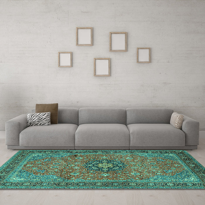 Machine Washable Medallion Turquoise Traditional Area Rugs in a Living Room,, wshtr1887turq