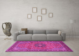 Machine Washable Medallion Pink Traditional Rug in a Living Room, wshtr1887pnk