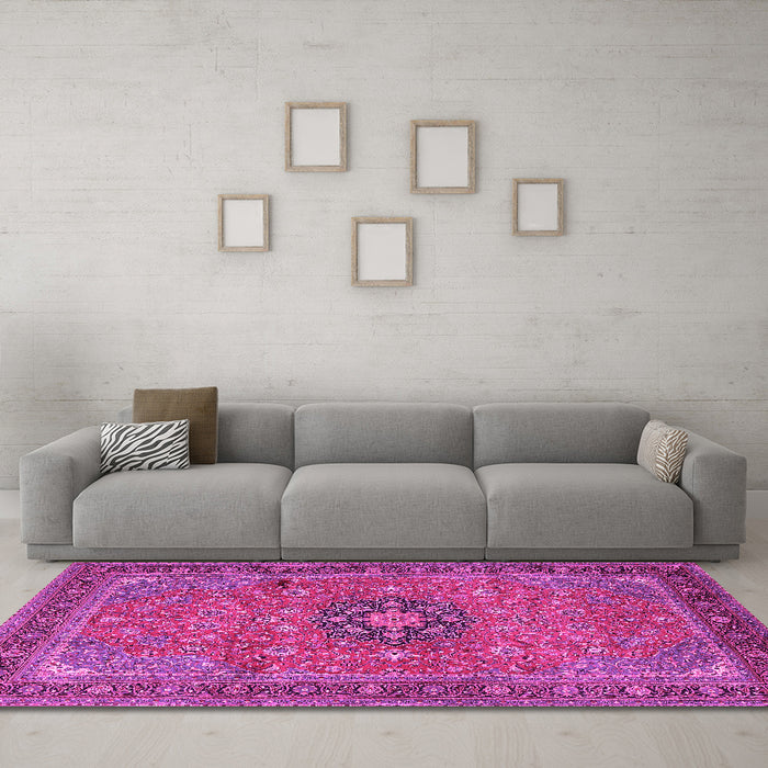 Machine Washable Medallion Pink Traditional Rug in a Living Room, wshtr1887pnk