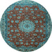 Round Machine Washable Medallion Light Blue Traditional Rug, wshtr1888lblu