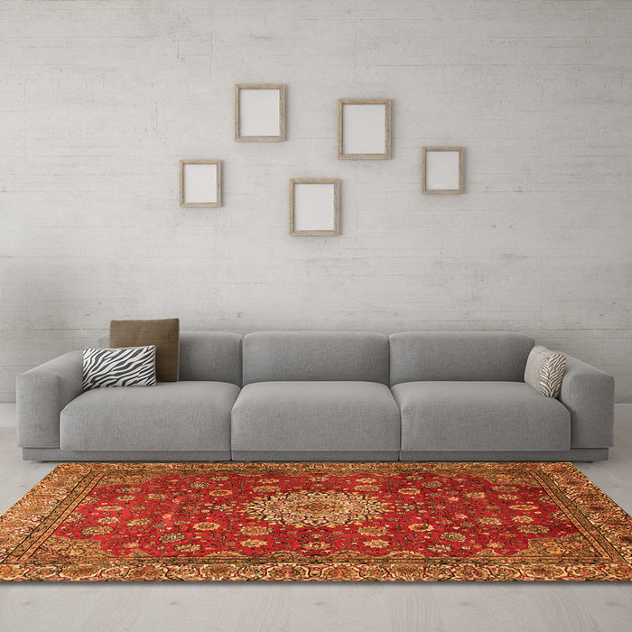 Machine Washable Medallion Orange Traditional Area Rugs in a Living Room, wshtr1888org