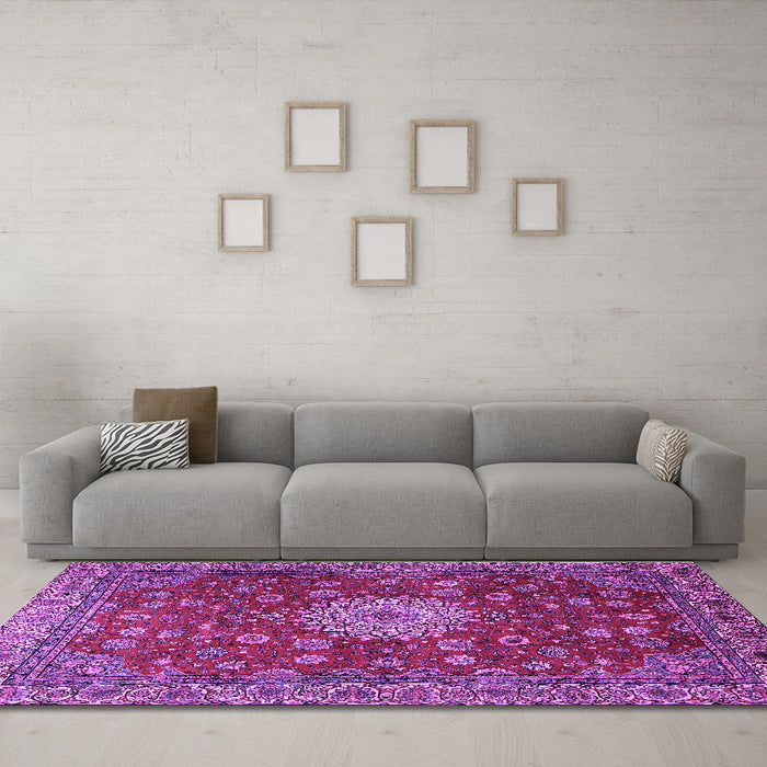 Machine Washable Medallion Purple Traditional Area Rugs in a Living Room, wshtr1888pur