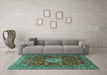 Machine Washable Medallion Turquoise Traditional Area Rugs in a Living Room,, wshtr1888turq