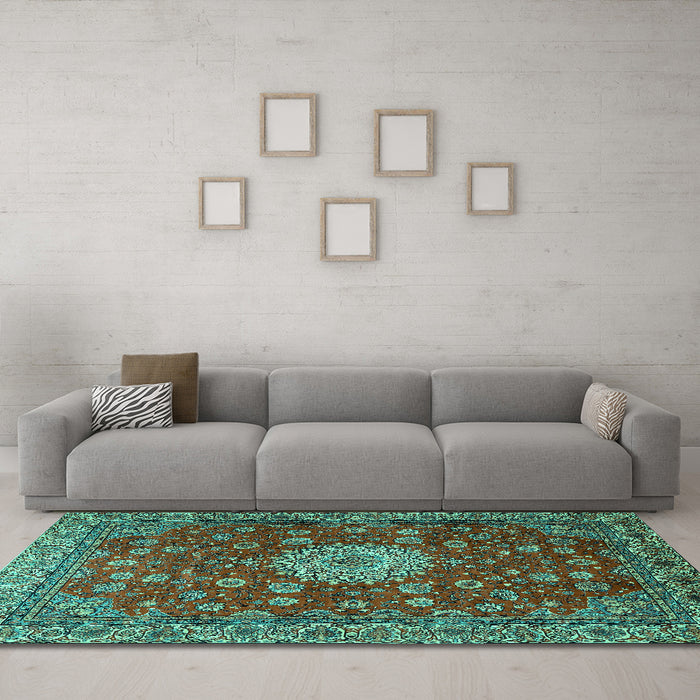 Machine Washable Medallion Turquoise Traditional Area Rugs in a Living Room,, wshtr1888turq