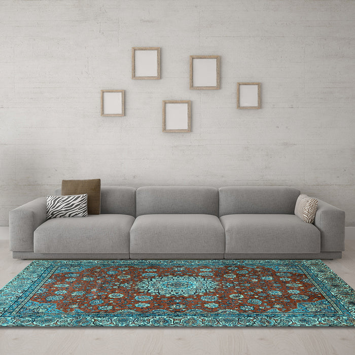 Machine Washable Medallion Light Blue Traditional Rug in a Living Room, wshtr1888lblu