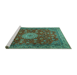 Sideview of Machine Washable Medallion Turquoise Traditional Area Rugs, wshtr1888turq