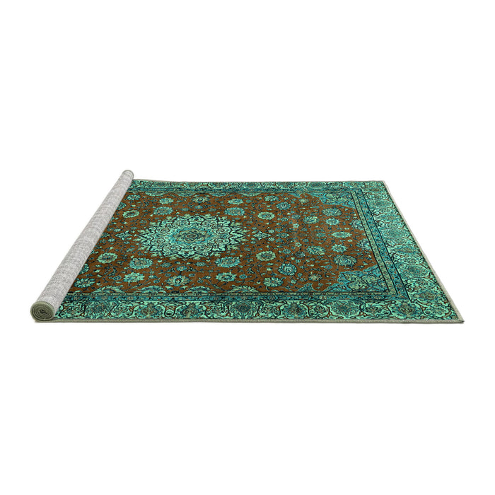 Sideview of Machine Washable Medallion Turquoise Traditional Area Rugs, wshtr1888turq