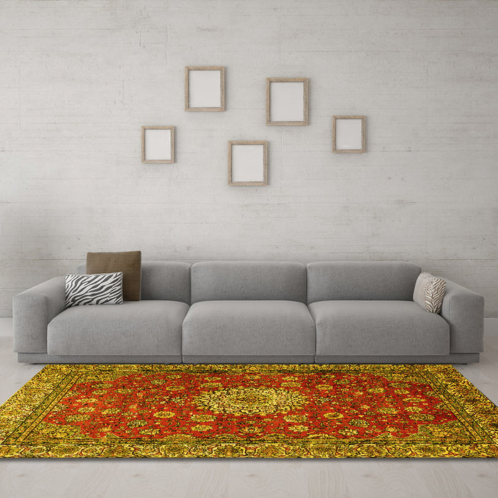 Machine Washable Medallion Yellow Traditional Rug in a Living Room, wshtr1888yw