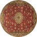 Round Machine Washable Medallion Brown Traditional Rug, wshtr1888brn