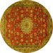Round Machine Washable Medallion Yellow Traditional Rug, wshtr1888yw