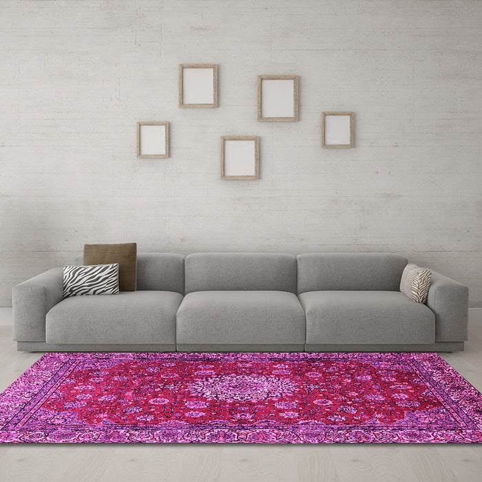 Machine Washable Medallion Pink Traditional Rug in a Living Room, wshtr1888pnk