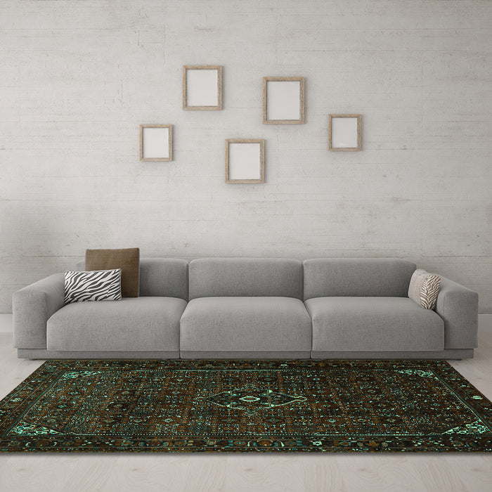 Machine Washable Persian Turquoise Traditional Area Rugs in a Living Room,, wshtr1889turq