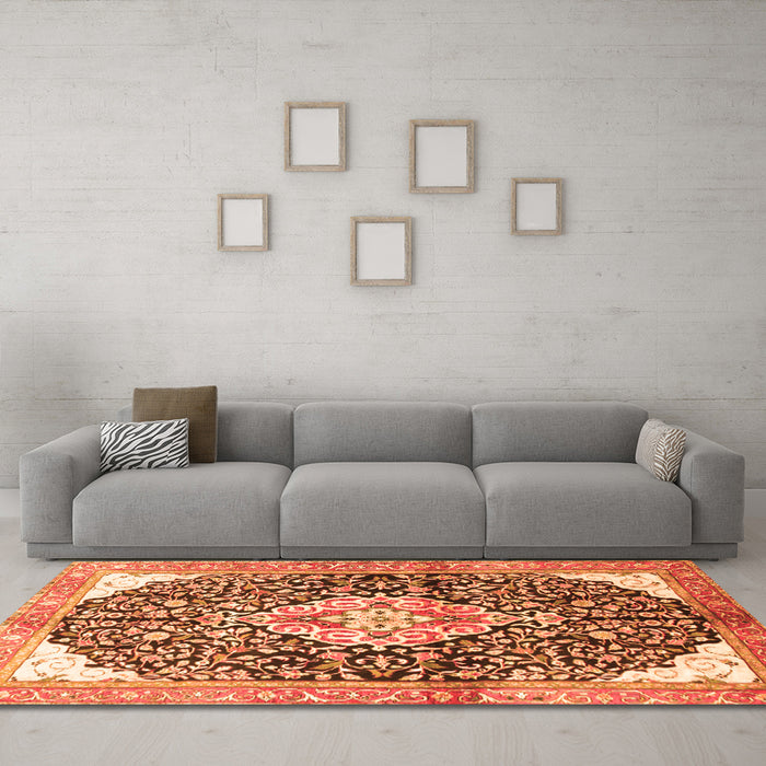 Machine Washable Medallion Orange Traditional Area Rugs in a Living Room, wshtr188org