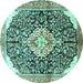 Round Machine Washable Medallion Turquoise Traditional Area Rugs, wshtr188turq