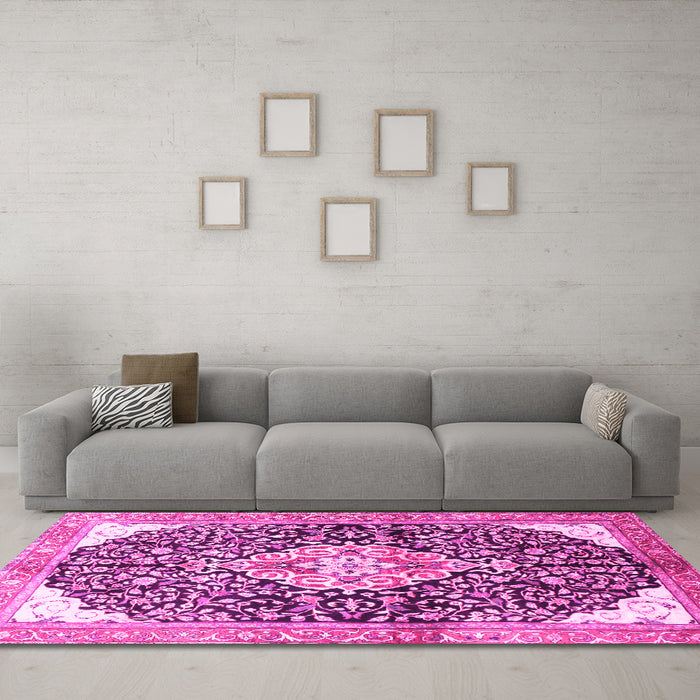Machine Washable Medallion Pink Traditional Rug in a Living Room, wshtr188pnk