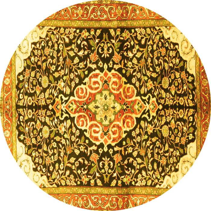 Round Machine Washable Medallion Yellow Traditional Rug, wshtr188yw