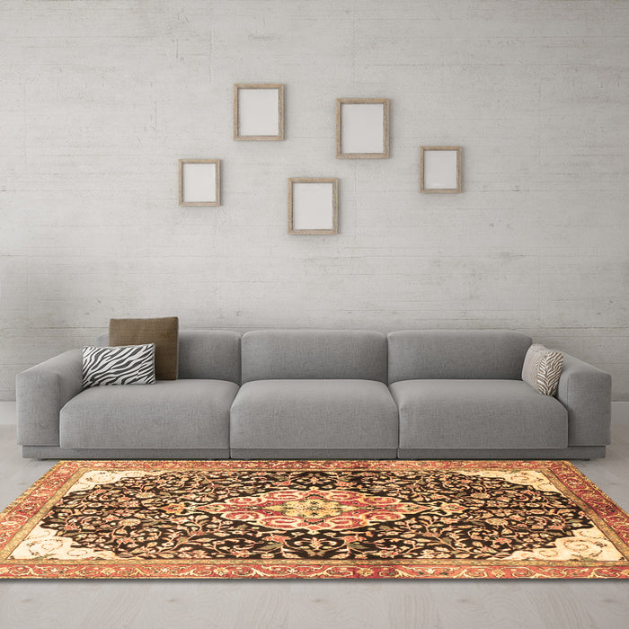 Machine Washable Medallion Brown Traditional Rug in a Living Room,, wshtr188brn