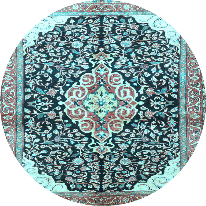Round Machine Washable Medallion Light Blue Traditional Rug, wshtr188lblu