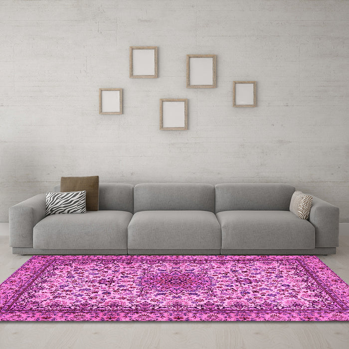 Machine Washable Medallion Pink Traditional Rug in a Living Room, wshtr1890pnk