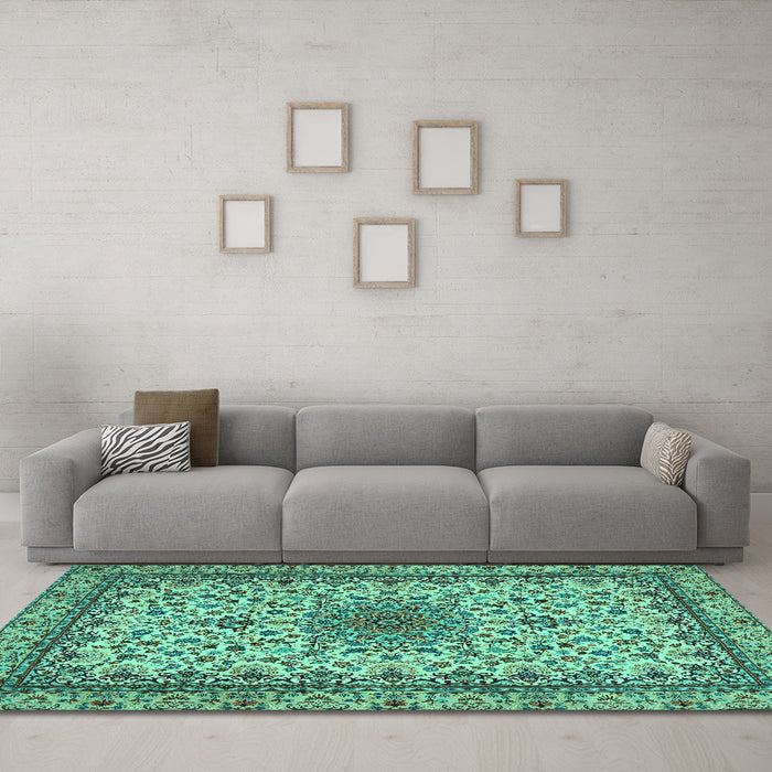 Machine Washable Medallion Turquoise Traditional Area Rugs in a Living Room,, wshtr1890turq