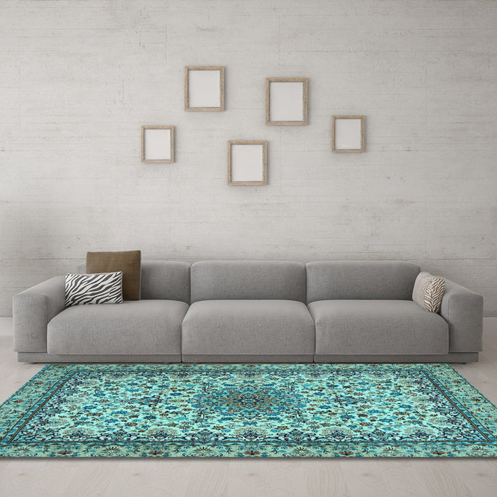 Machine Washable Medallion Light Blue Traditional Rug in a Living Room, wshtr1890lblu