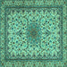 Square Machine Washable Medallion Turquoise Traditional Area Rugs, wshtr1890turq