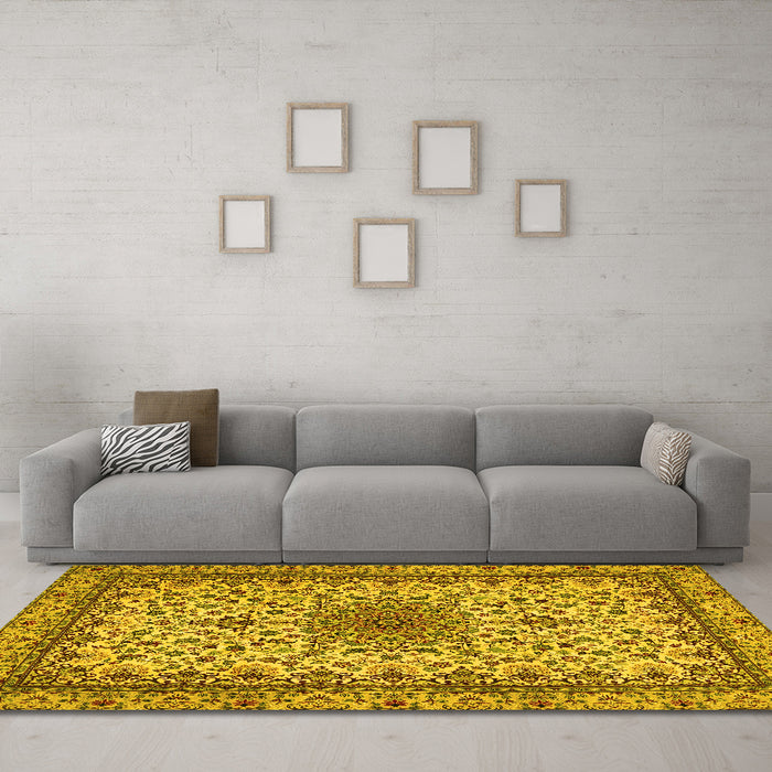 Machine Washable Medallion Yellow Traditional Rug in a Living Room, wshtr1890yw