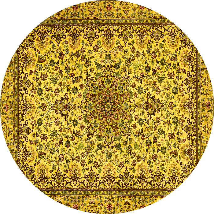 Round Machine Washable Medallion Yellow Traditional Rug, wshtr1890yw