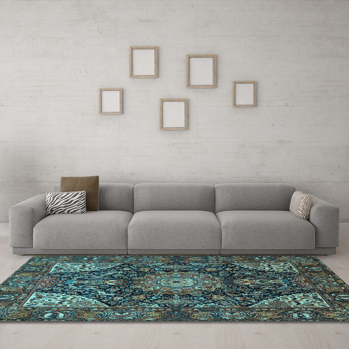 Machine Washable Medallion Light Blue Traditional Rug in a Living Room, wshtr1891lblu