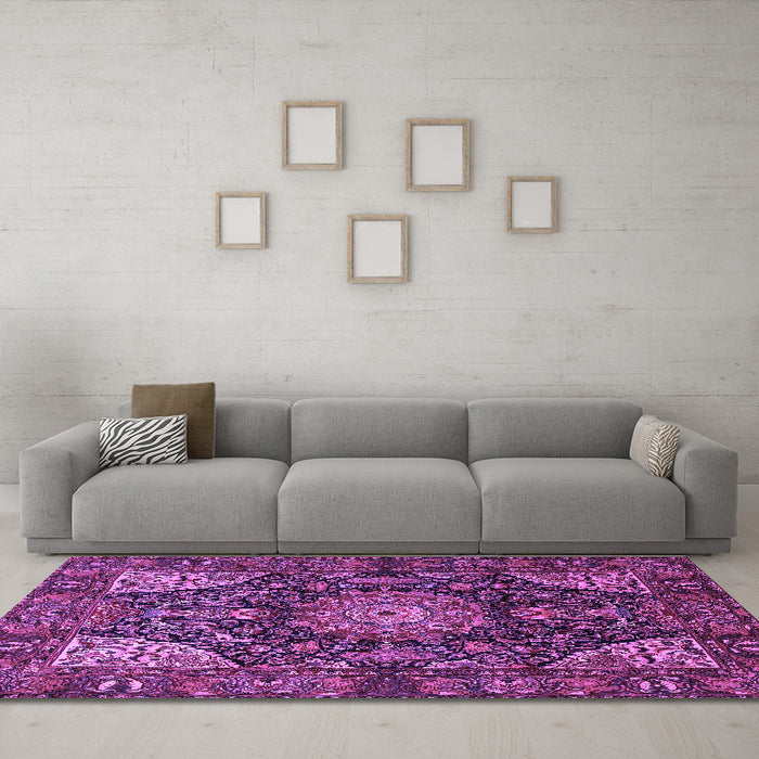 Machine Washable Medallion Purple Traditional Area Rugs in a Living Room, wshtr1891pur