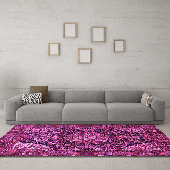 Machine Washable Medallion Pink Traditional Rug in a Living Room, wshtr1891pnk